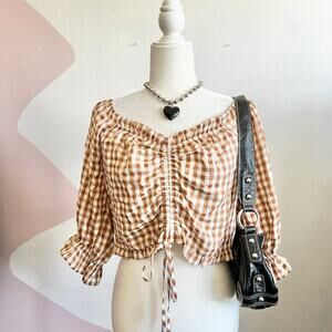 Brown Gingham Peasant Top, Cottagecore Soft Girl Preppy Retro XL